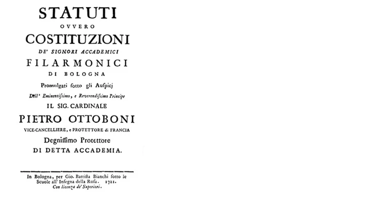 Statuti del 1721, frontespizio - Bologna, Accademia Filarmonica