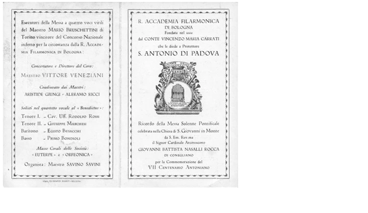 Messa per il VII Centenario della morte di Sant’Antonio da Padova. Celebrata dal Cardinale Nasalli-Rocca (5 giugno 1932), locandina - Archivio della Chiesa di San Giovanni in Monte
