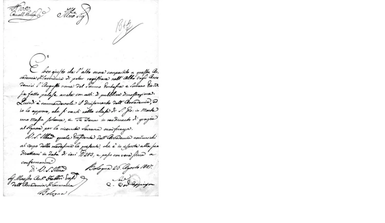 Lettera del Cardinale Carlo Oppizzoni agli accademici Filarmonici (26 agosto 1847) - Bologna, Accademia Filarmonica