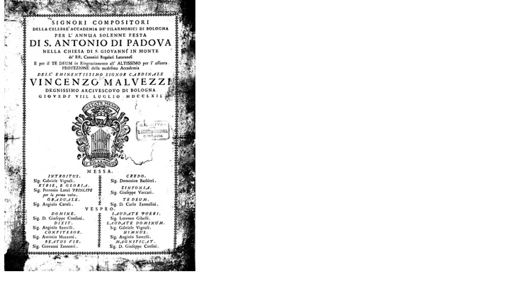 Messa in onore del Cardinale Malvezzi (8 luglio 1762), locandina - Bologna, Accademia Filarmonica