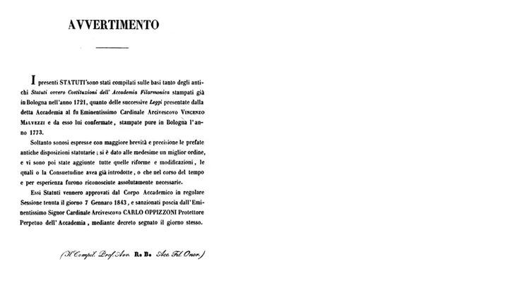 Statuti del 1843, prefazione - Bologna, Accademia Filarmonica